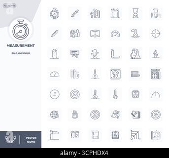 Refined bundle featuring 42 Bold Line vector icons for Measurement, optimized with 128x128 PIXEL perfect quality for elegant and functional design sol Stock Vector