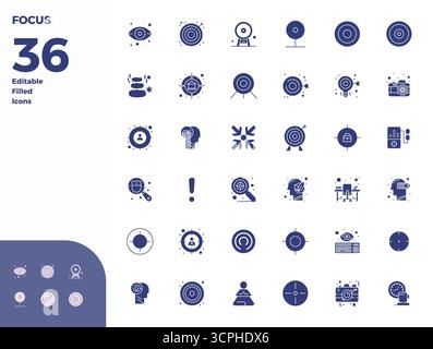 A clean collection of 36 Glyph Filled vector icons representing Focus, designed in 128x128 PIXEL perfect format for modern dashboards and interfaces. Stock Vector