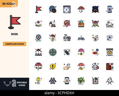 Handcrafted collection featuring 36 Flat Lineal Color vector icons for Risk, optimized in 128x128 PIXEL perfect resolution for premium digital experie Stock Vector