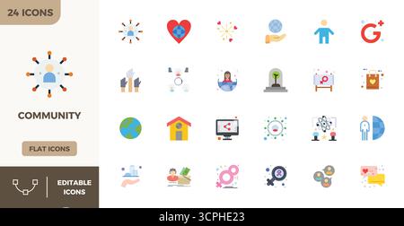 Precision-engineered 24 Flat Color vector icons for Community, designed at 128x128 PIXEL perfect resolution for exceptional clarity and scalability. Stock Vector