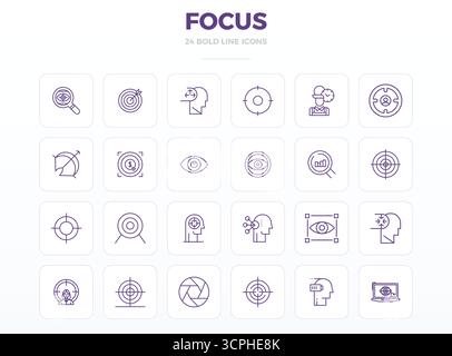 Collection of 24 Strong Outline PIXEL perfect vector icons for Focus, designed in 128x128 format for clarity and versatility. Stock Vector