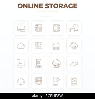 Premium collection of 16 Thin Outline vector icons for Online Storage, meticulously crafted in 128x128 PIXEL perfect resolution for superior visual im Stock Vector
