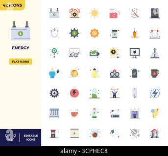 Beautifully rendered 42 Flat Color PIXEL perfect vector icons for Energy, created at 128x128 resolution for stunning visual consistency across platfor Stock Vector