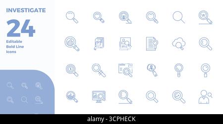 Refined bundle featuring 24 Bold Line vector icons for Investigate, optimized with 128x128 PIXEL perfect quality for elegant and functional design sol Stock Vector