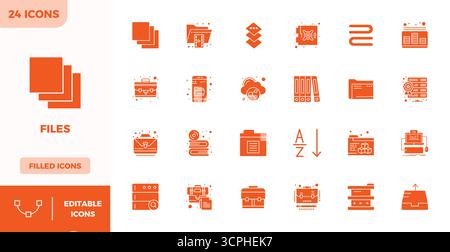Future-ready pack of 24 vector icons themed around Files, showcasing Filled design with 128x128 PIXEL perfect clarity for innovative user interfaces. Stock Vector