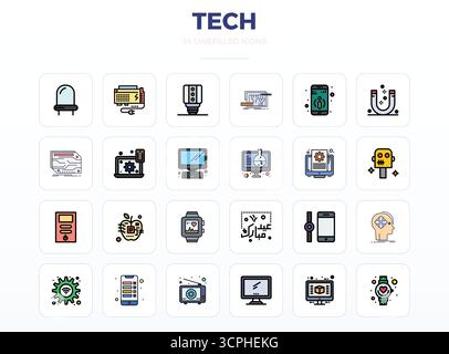 A versatile set of 24 LineFill PIXEL perfect vector icons focused on Tech, delivered in crisp 128x128 format ideal for mobile and web applications. Stock Vector