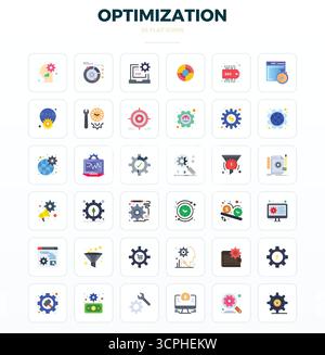 Carefully curated 36 Minimal Flat vector icons for Optimization, featuring 128x128 PIXEL perfect resolution for consistent brand representation and us Stock Vector