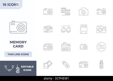 This set of 16 Minimal Line vector icons captures Memory Card themes in 128x128 PIXEL perfect quality, perfect for tech and business applications. Stock Vector