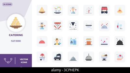 Precision-engineered 24 Flat vector icons for Catering, designed at 128x128 PIXEL perfect resolution for exceptional clarity and scalability. Stock Vector