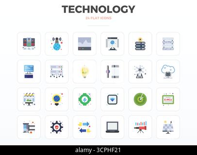 Carefully curated 24 Minimal Flat vector icons for Technology, featuring 128x128 PIXEL perfect resolution for consistent brand representation and user Stock Vector