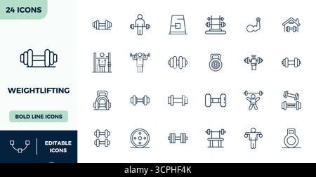 Thoughtfully designed 24 vector icons themed around Weightlifting, crafted in Heavy Line with 128x128 PIXEL perfect precision for contemporary design Stock Vector