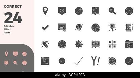 This Correct vector icon pack includes 24 Glyph Filled designs in 128x128 PIXEL perfect format, perfect for enhancing digital interfaces. Stock Vector