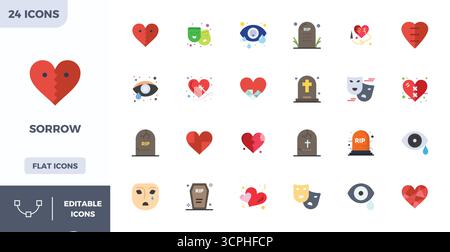 Essential pack of 24 PIXEL perfect vector icons for Sorrow in Flat Color format, sized at 128x128 for optimal performance and scalability. Stock Vector