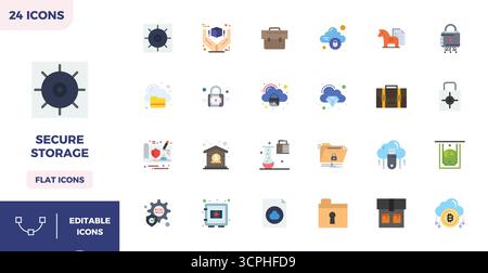 Strategic bundle featuring 24 vector icons representing Secure Storage in Flat Color format, optimized with 128x128 PIXEL perfect quality for professi Stock Vector