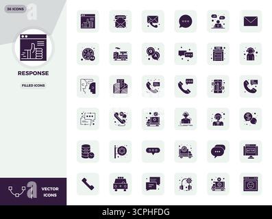 A versatile set of 36 Filled PIXEL perfect vector icons focused on Response, delivered in crisp 128x128 format ideal for mobile and web applications. Stock Vector