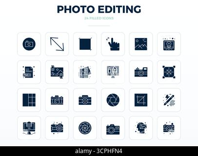 Revolutionary set of 24 PIXEL perfect vector icons inspired by Photo Editing, created in SolidFill format at 128x128 resolution for cutting-edge desig Stock Vector