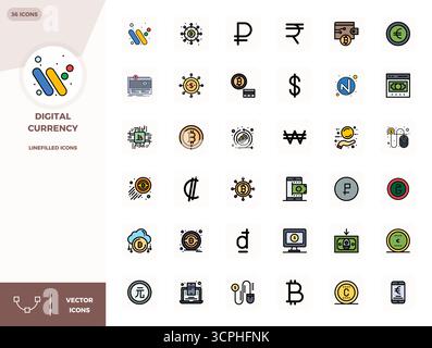 Precision-engineered 36 LineFilled vector icons for Digital Currency, designed at 128x128 PIXEL perfect resolution for exceptional clarity and scalabi Stock Vector