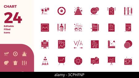 Expertly designed 24 Glyph Filled PIXEL perfect vector icons for Chart, engineered at 128x128 resolution for flawless integration and performance. Stock Vector