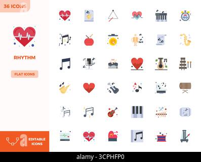 Comprehensive toolkit of 36 vector icons themed around Rhythm, developed in Flat Color with 128x128 PIXEL perfect precision for versatile design appli Stock Vector