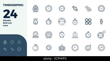 Refined bundle featuring 24 Bold Line vector icons for Timekeeping, optimized with 128x128 PIXEL perfect quality for elegant and functional design sol Stock Vector