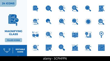 Refined bundle featuring 24 Filled vector icons for Magnifying Glass, optimized with 128x128 PIXEL perfect quality for elegant and functional design s Stock Vector