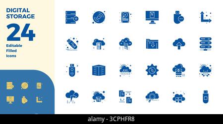 Complete package of 24 vector icons themed around Digital Storage, showcasing Glyph Filled design in 128x128 PIXEL perfect quality for modern interfac Stock Vector
