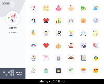 Carefully curated 36 Flat vector icons for Happy, featuring 128x128 PIXEL perfect resolution for consistent brand representation and user experience. Stock Vector