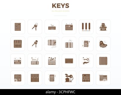 Contemporary collection of 24 vector icons representing Keys in SolidFill aesthetic, featuring 128x128 PIXEL perfect resolution for modern application Stock Vector