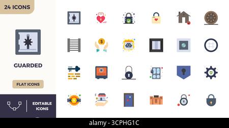 Handcrafted collection featuring 24 Flat Color vector icons for Guarded, optimized in 128x128 PIXEL perfect resolution for premium digital experiences Stock Vector
