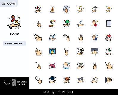 Carefully curated 36 Flat Lineal Color vector icons for Hand, featuring 128x128 PIXEL perfect resolution for consistent brand representation and user Stock Vector