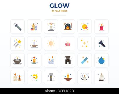 Innovative pack of 24 vector icons themed around Glow, showcasing Minimal Flat design in 128x128 PIXEL perfect format for modern digital solutions. Stock Vector