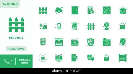 This collection features 24 Filled PIXEL perfect vector icons tailored to the Privacy theme, optimized in 128x128 format for digital design. Stock Vector