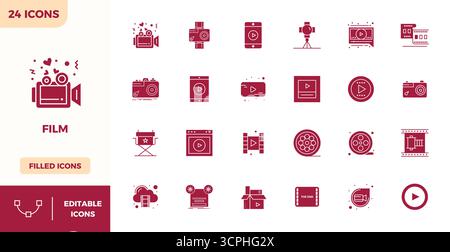Exceptional collection of 24 Filled vector icons for Film, delivered in 128x128 PIXEL perfect resolution for unparalleled visual excellence and usabil Stock Vector