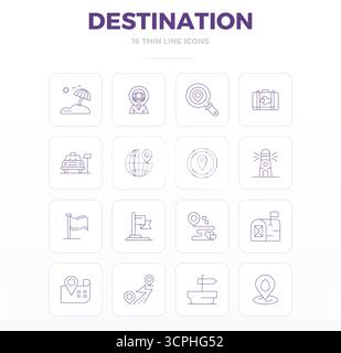Carefully curated 16 Thin Outline vector icons for Destination, featuring 128x128 PIXEL perfect resolution for consistent brand representation and use Stock Vector