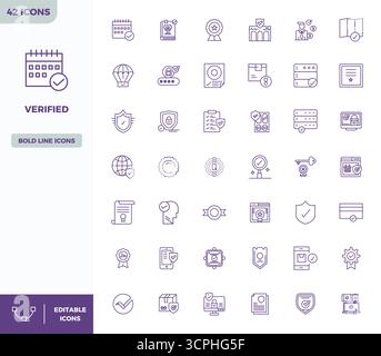 Comprehensive bundle featuring 42 vector icons in Heavy Line design for Verified, delivered in crisp 128x128 PIXEL perfect quality. Stock Vector