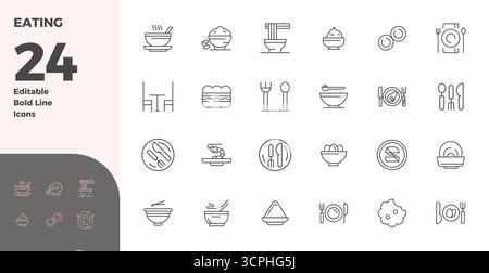 A clean collection of 24 Bold Line vector icons representing Eating, designed in 128x128 PIXEL perfect format for modern dashboards and interfaces. Stock Vector