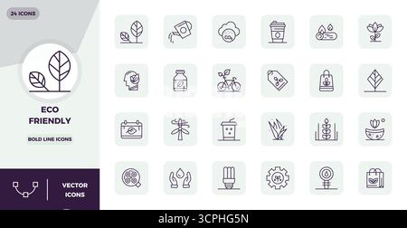 Discover a set of 24 Bold Line vector icons crafted for the Eco Friendly theme, featuring 128x128 PIXEL perfect designs ideal for modern UI/UX project Stock Vector