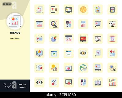 Strategic bundle featuring 36 vector icons representing Trends in Flat format, optimized with 128x128 PIXEL perfect quality for professional workflows Stock Vector