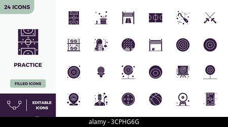 A dynamic set of 24 vector icons in Filled, tailored for Practice with 128x128 PIXEL perfect quality suited for digital products. Stock Vector