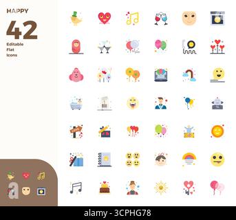 Masterfully created 42 vector icons representing Happy in Flat design, featuring 128x128 PIXEL perfect resolution for exceptional visual quality. Stock Vector