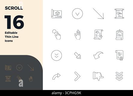 Revolutionary set of 16 PIXEL perfect vector icons inspired by Scroll, created in Thin Line format at 128x128 resolution for cutting-edge design. Stock Vector
