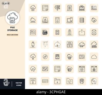 Revolutionary set of 42 PIXEL perfect vector icons inspired by File Storage, created in Bold Line format at 128x128 resolution for cutting-edge design Stock Vector