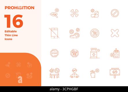 Future-ready pack of 16 vector icons themed around Prohibition, showcasing Thin Line design with 128x128 PIXEL perfect clarity for innovative user int Stock Vector