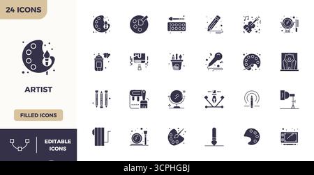 Perfectly balanced 24 Filled PIXEL perfect vector icons for Artist, sized at 128x128 for harmonious integration in digital design projects. Stock Vector