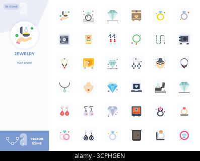 This collection features 36 Flat PIXEL perfect vector icons tailored to the Jewelry theme, optimized in 128x128 format for digital design. Stock Vector