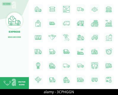 Industry-leading pack of 36 Bold Line PIXEL perfect vector icons for Express, sized at 128x128 for optimal rendering and user interface excellence. Stock Vector
