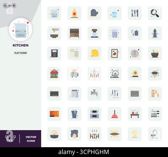 Essential pack of 42 PIXEL perfect vector icons for Kitchen in Flat format, sized at 128x128 for optimal performance and scalability. Stock Vector