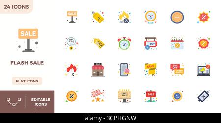 A clean collection of 24 Flat Color vector icons representing Flash Sale, designed in 128x128 PIXEL perfect format for modern dashboards and interface Stock Vector