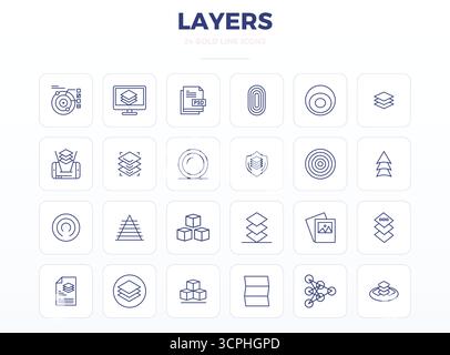 This set of 24 Strong Outline vector icons captures Layers themes in 128x128 PIXEL perfect quality, perfect for tech and business applications. Stock Vector