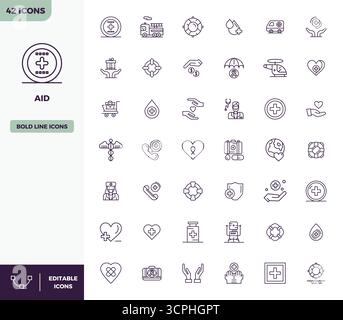 Comprehensive bundle featuring 42 vector icons in Heavy Line design for Aid, delivered in crisp 128x128 PIXEL perfect quality. Stock Vector